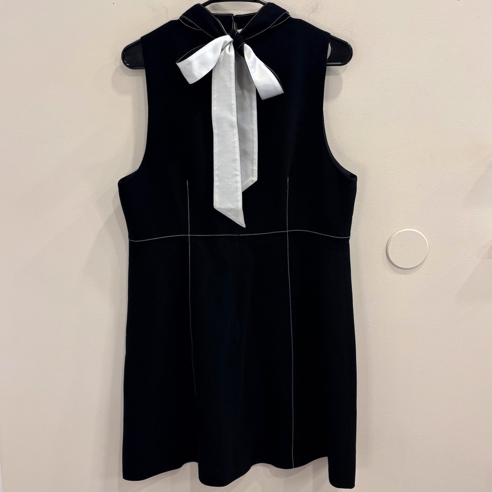 Cinq a Sept Angie Dress Black White Contrast Stitch Bow Neck Mini Dress 14 Retro - Picture 4 of 10